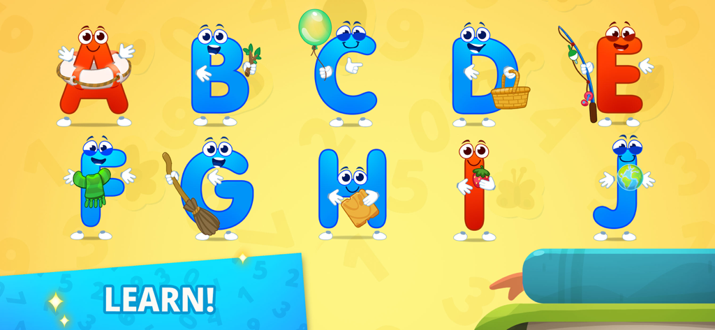 ABC: Alphabet Learning Games - Colorful cartoon alphabet letters A through J with happy faces and various objects.