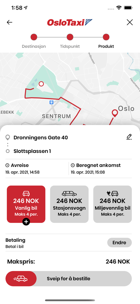 Taxifix - Taxifix mobile app interface showing taxi car selection and price estimation in Oslo