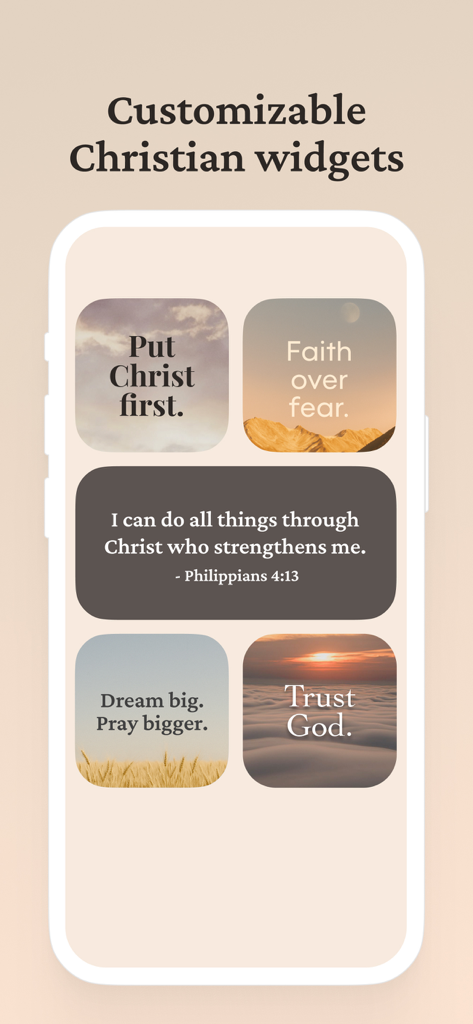 Eine Sammlung von anpassbaren christlichen Widgets mit Bibelversen und inspirierenden Zitaten auf einem iPhone-Startbildschirm.