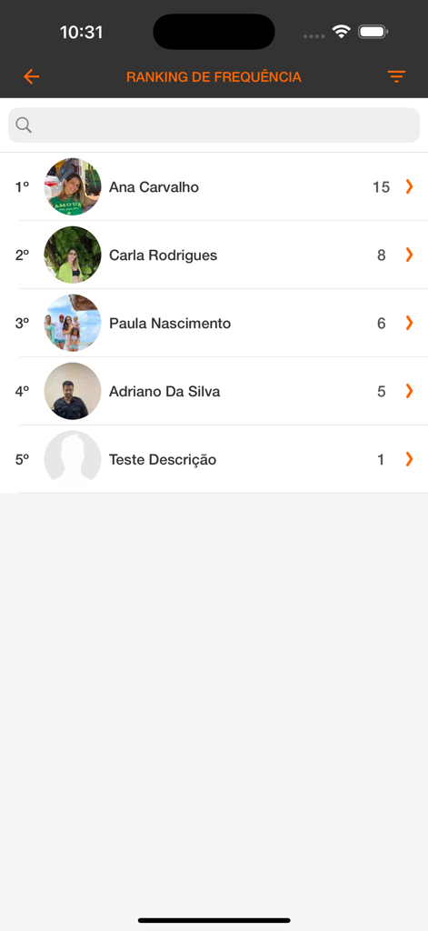 Avaliação Física PRO - Screen showing a ranking of fitness clients based on their session frequency.