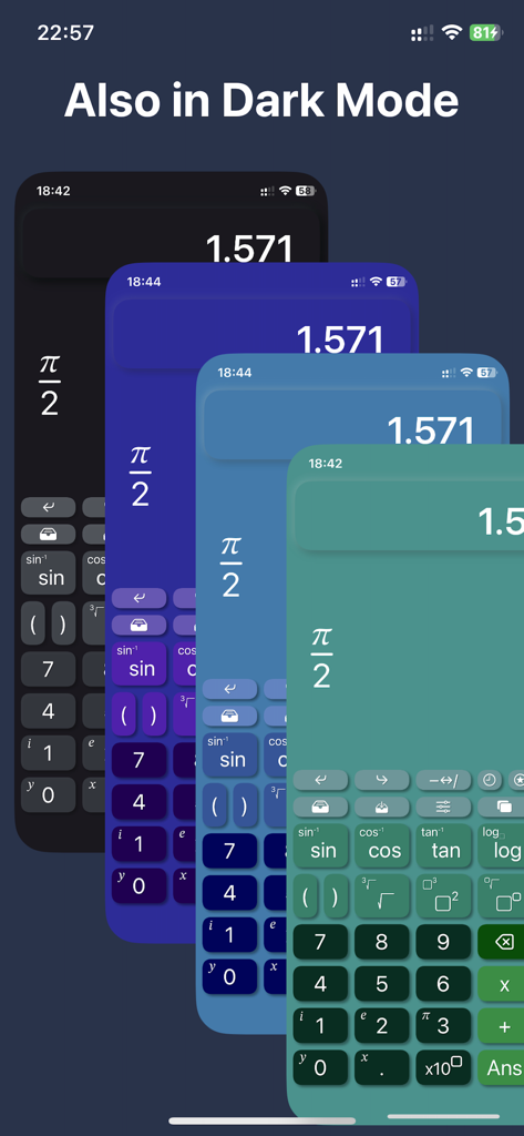 Calculatrice scientifique CalcMe affichant plusieurs thèmes de couleurs élégants et des options de mode sombre sur iOS