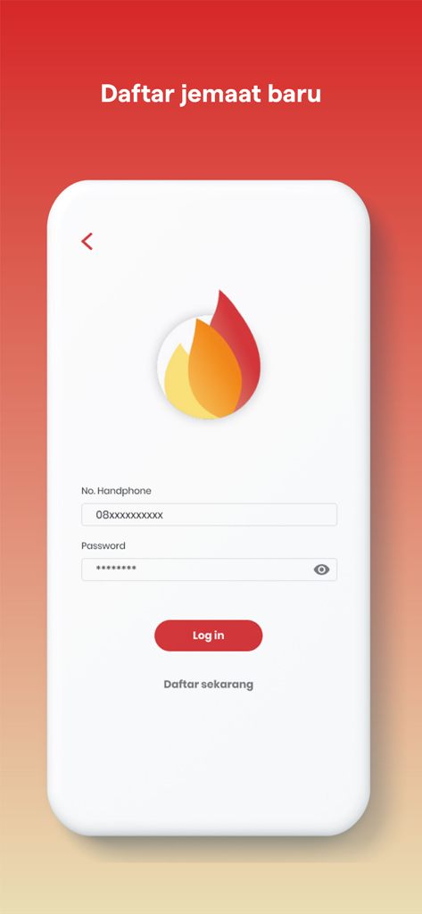 GBI WTC - Login screen for the GBI WTC app featuring a flame logo and login fields