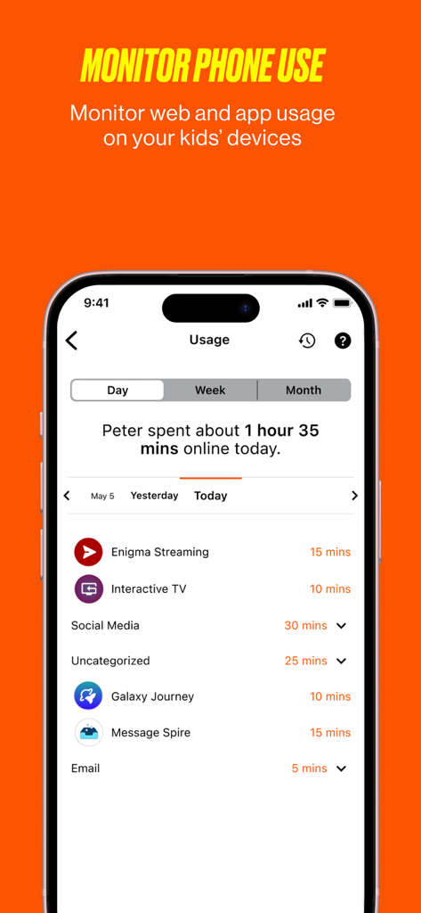 Boost Family Guard - A mobile phone screen displaying the Boost Family Guard app usage page with a daily breakdown of a child's app activity and total time spent online
