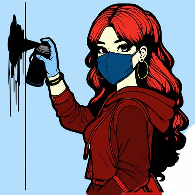 realistic girl with mask spray painting a wall