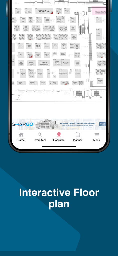 Interactive floor plan of the 2026 AHR Expo showing exhibitor booths and labels