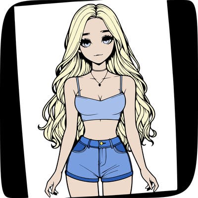 a realistic girl with long hair and in a crop top and shprts