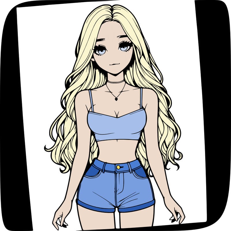 a realistic girl with long hair and in a crop top and shprts
