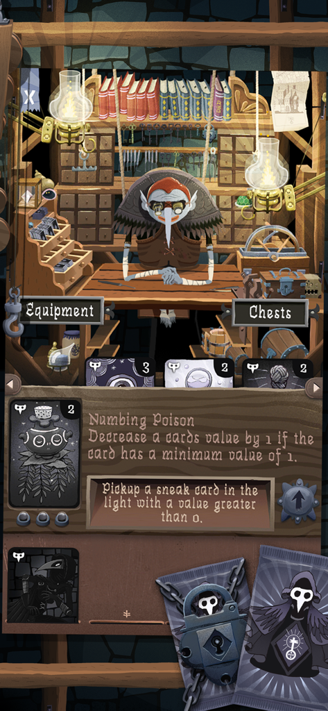 Card Thief - A character behind a desk in the Card Thief equipment menu showing the Numbing Poison card description