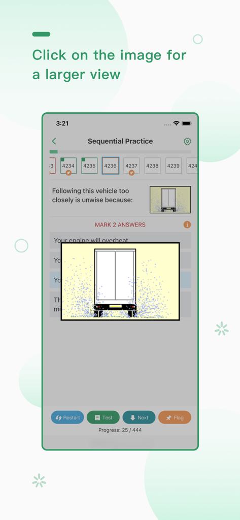 A screenshot of the Malta Driving Theory Test app showing a zoomed-in view of a vehicle image during a sequential practice test question.