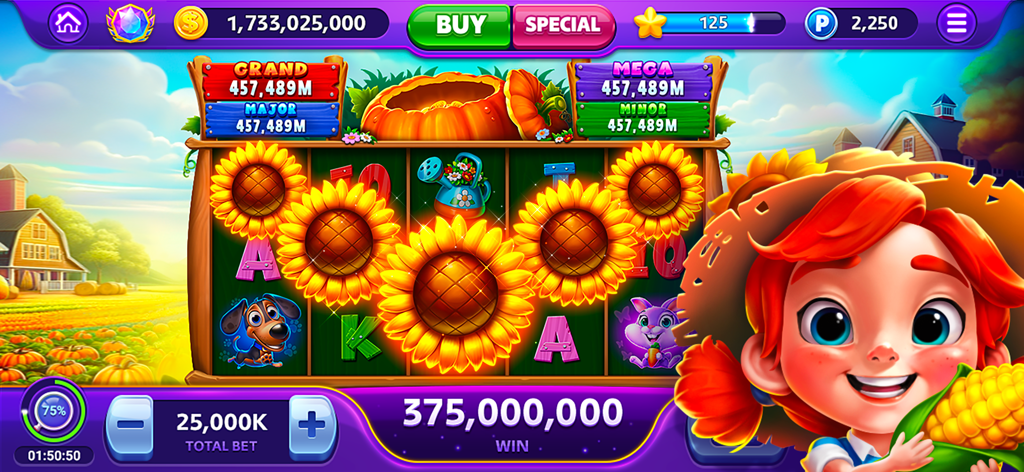 Vegas Craze Casino - Vegas Craze Casino farm themed slot machine showing a big win with sunflowers and a farm girl character