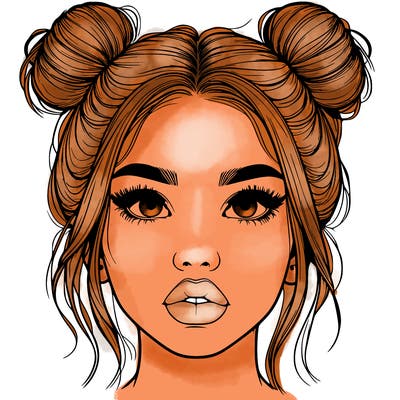 realistic girl with two buns on her hair and lips