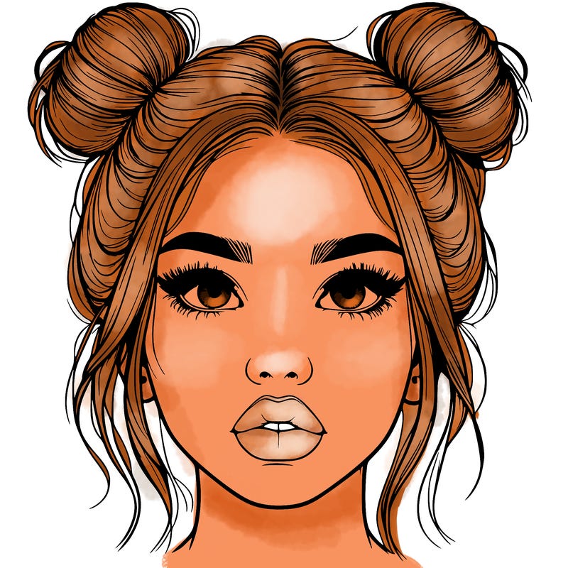 realistic girl with two buns on her hair and lips