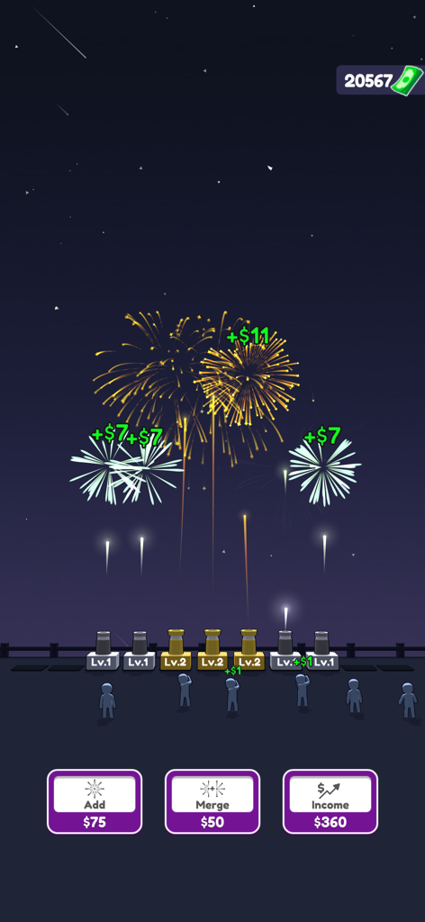 Fireworks Idle 3D - Screenshot di gioco di Fireworks Idle 3D che mostra colorate esplosioni di fuochi d'artificio e opzioni di potenziamento per scintille e reddito.