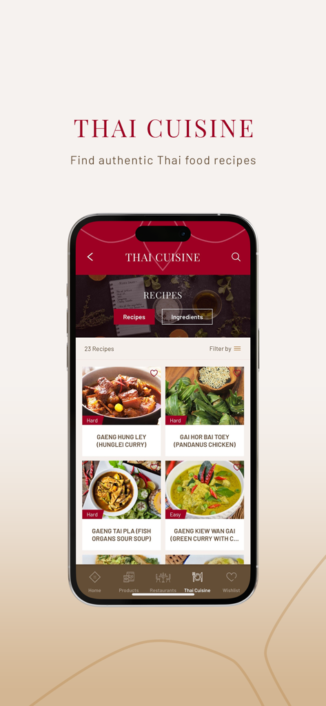 タイSELECTアプリ内で、グリーンカレーやパンダンチキンなどの本格的なタイ料理レシピのリストを表示する携帯電話画面。