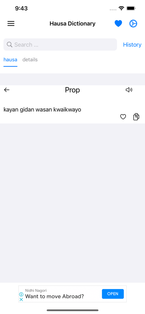 Interface do Smart Hausa Dictionary mostrando a tradução Hausa para a palavra inglesa prop