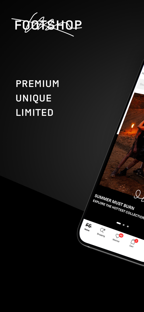 Footshop mobile app home screen featuring premium unique and limited sneaker collections