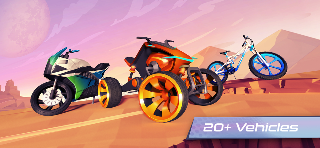 Gravity Rider Zero - Una selezione di veicoli da corsa futuristici, tra cui una moto e un trike, su un pianeta desertico con il testo venti veicoli in più