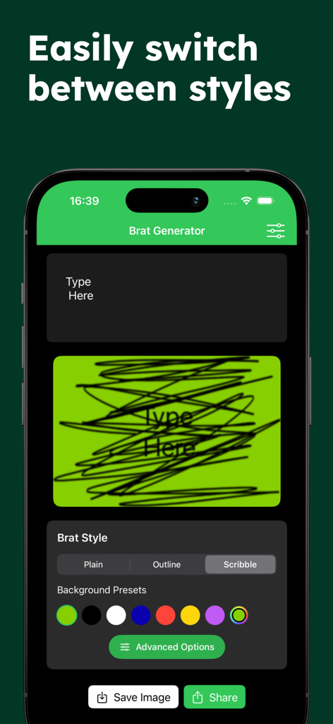 A mobile interface for the Brat Generator app showing a scribble style text effect on a lime green background with various customization options.