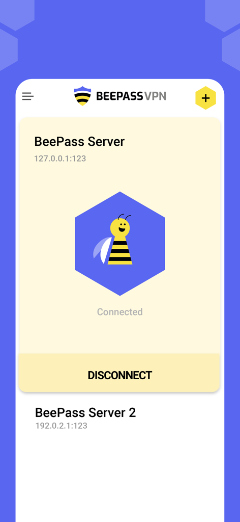 BeePass VPN mobile app interface showing a successful connection to a private server with a minimalist design and a bee mascot.