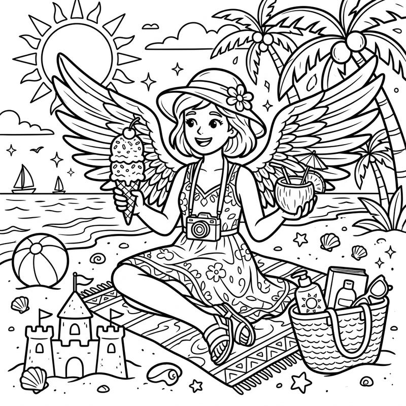 Embrace the joy of summer with this enchanting coloring page featuring a guardian angel relaxing on a vibrant beach. This scene captures the essence of a perfect vacation, complete with ice cream, a refreshing drink, and sunny skies.