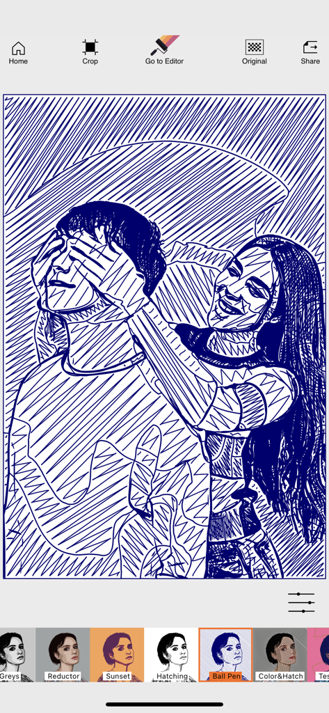 Imaengine - A photo of a couple edited with a blue ball pen sketch effect in the Imaengine app interface