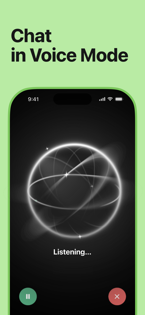 Chatico AI – Chatbot Assistant - Chatico AI mobile app voice interface with a glowing sphere and listening status