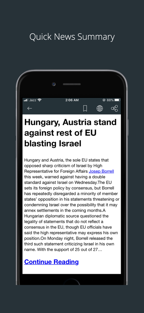 Quick news summary interface of the Israel News Today app