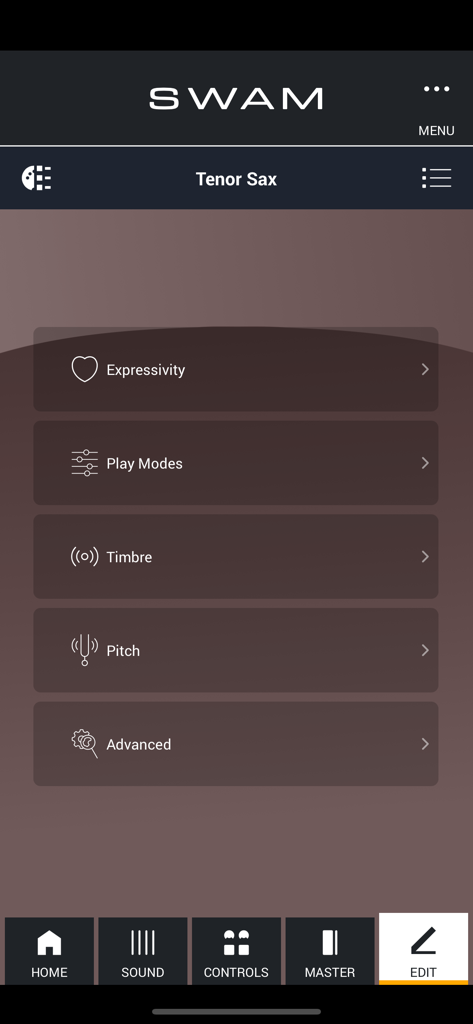 SWAM Tenor Sax app edit menu showing expressivity play modes timbre and pitch settings
