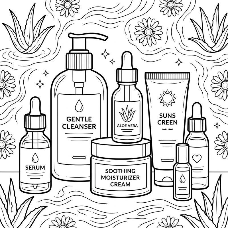 Discover tranquility with this beautiful coloring page featuring a collection of gentle skincare products. Immerse yourself in the world of soothing formulas designed for sensitive skin, surrounded by calming botanicals.