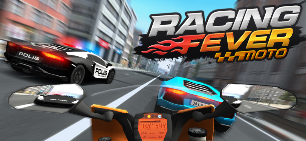 Racing Fever: Moto - First person view of a motorcycle racing through a city with a police car