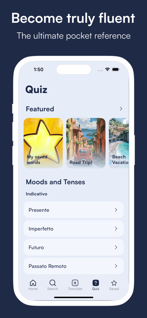 Vurbit: Learn Italian Fast - Quiz interface of the Vurbit Italian learning app showing verb moods and tenses