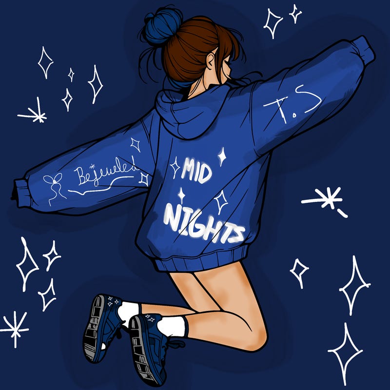 realistic girl jumping with a bun and oversized sweatshirt