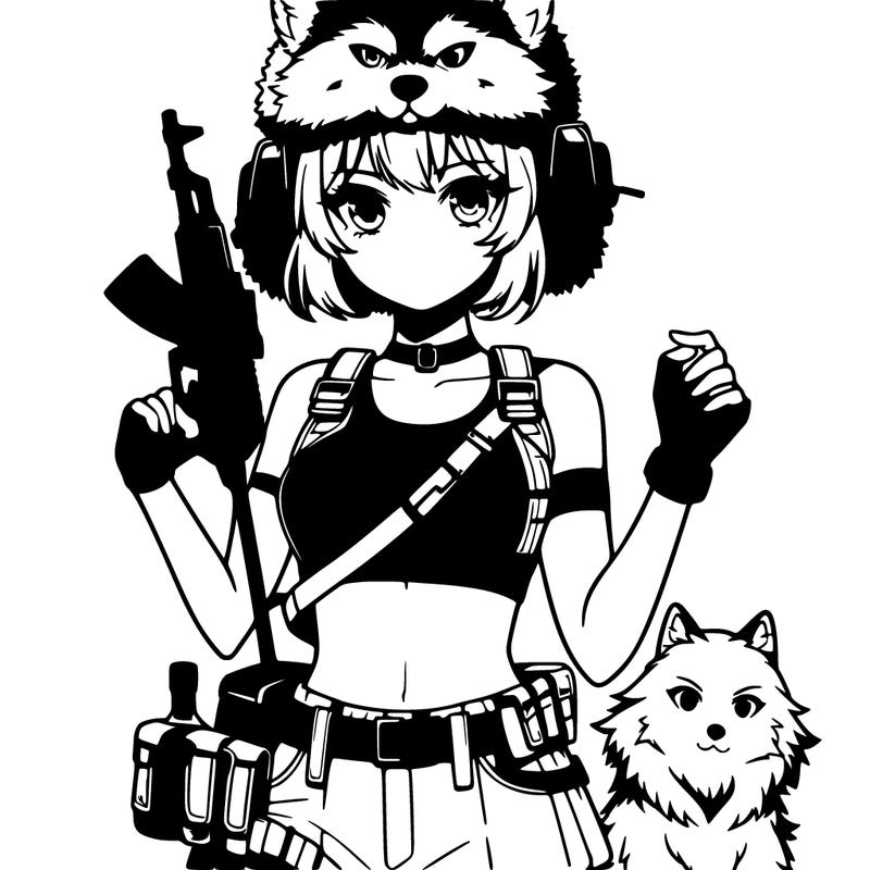 anime girl with crop top and gun with a wolf ushanka