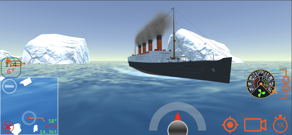 Ship Handling Simulator - A four funnel ocean liner navigating through icebergs in a ship handling simulator game with technical UI controls