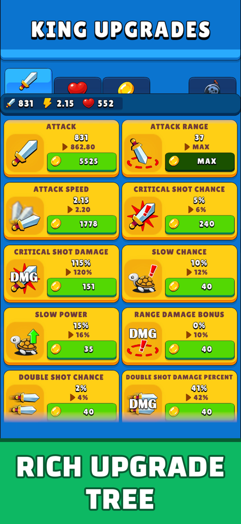 Idle Castle Tower Defense TD - King upgrades menu in Idle Castle Tower Defense showing the rich upgrade tree