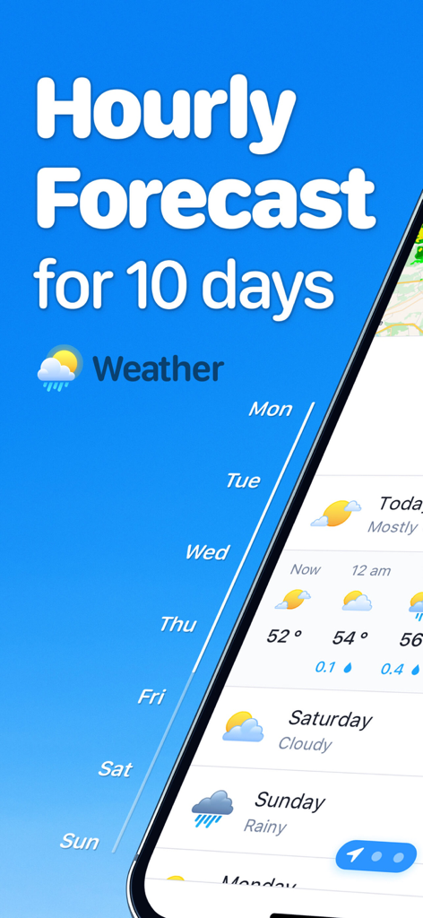 iPhone screen showing 10 day hourly weather forecast in the Weather app