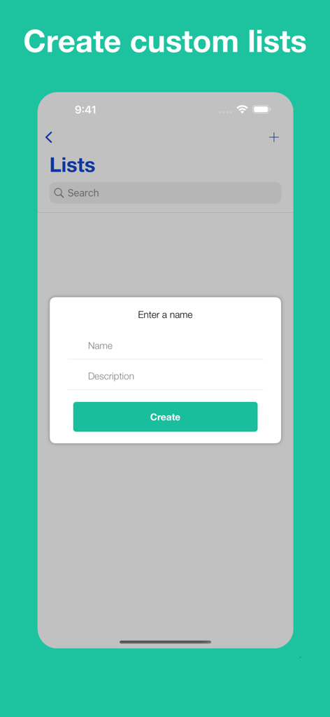 Interfaz de la aplicación Diccionario de Apellidos y Nombres que muestra una ventana emergente para crear una lista personalizada con campos para nombre y descripción.