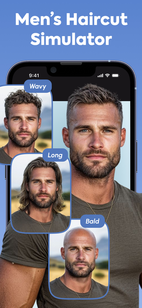Hairstyle AI – Haircut Try On - Interfaz de la aplicación simuladora de cortes de pelo para hombres que muestra vistas previas de peinados largos y ondulados y rapados para hombres