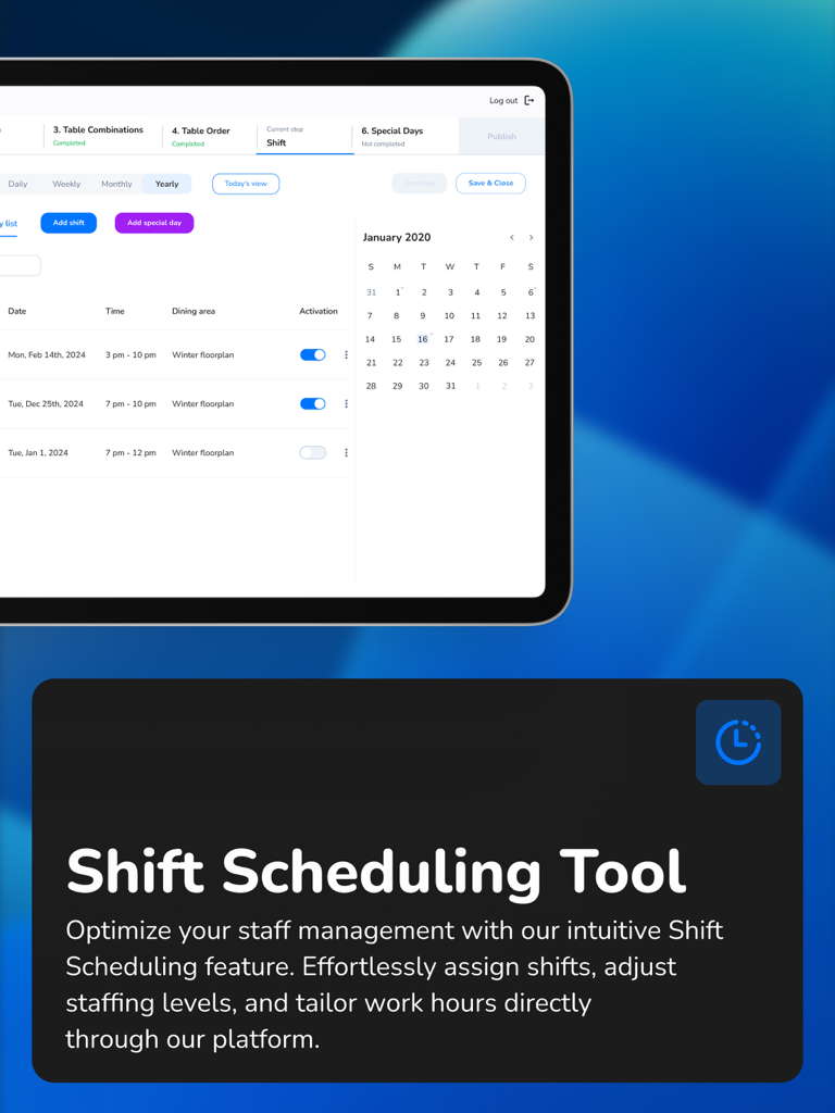 dotyourspot business | tablet - レストランおよびホスピタリティスタッフ管理のためのシフトスケジューリングツールインターフェイスを示すiPadスクリーンショット