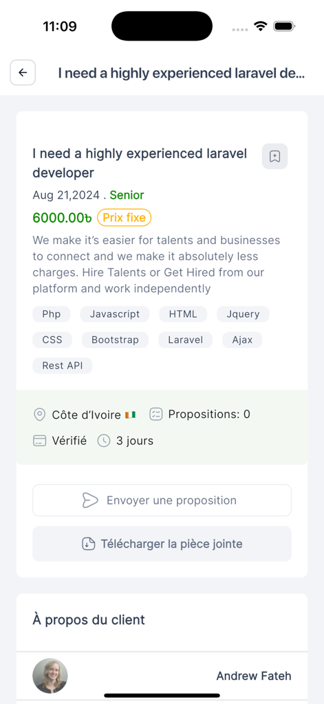 Kunative pour Freelances - Capture d'écran d'une offre d'emploi pour un développeur Laravel senior dans l'application freelance Kunative