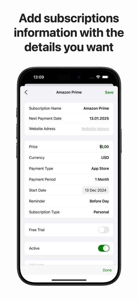 TrackMySub: Track Subscription - TrackMySub app interface showing detailed fields to add a subscription including price, payment date, and reminder settings