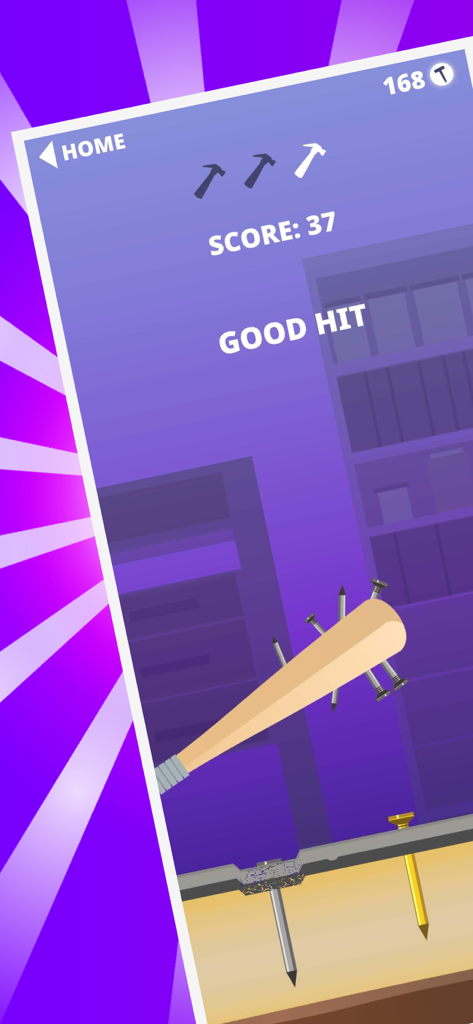 Hammer & Nail - Carpenter Hero - Gameplay of Hammer and Nail game featuring a baseball bat with nails skin hitting a golden nail