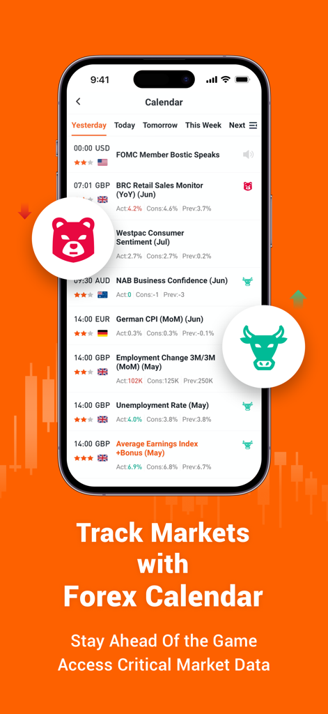 Interfaccia dell'app Pocket Forex che mostra un calendario economico con i prossimi eventi di mercato e icone toro e orso