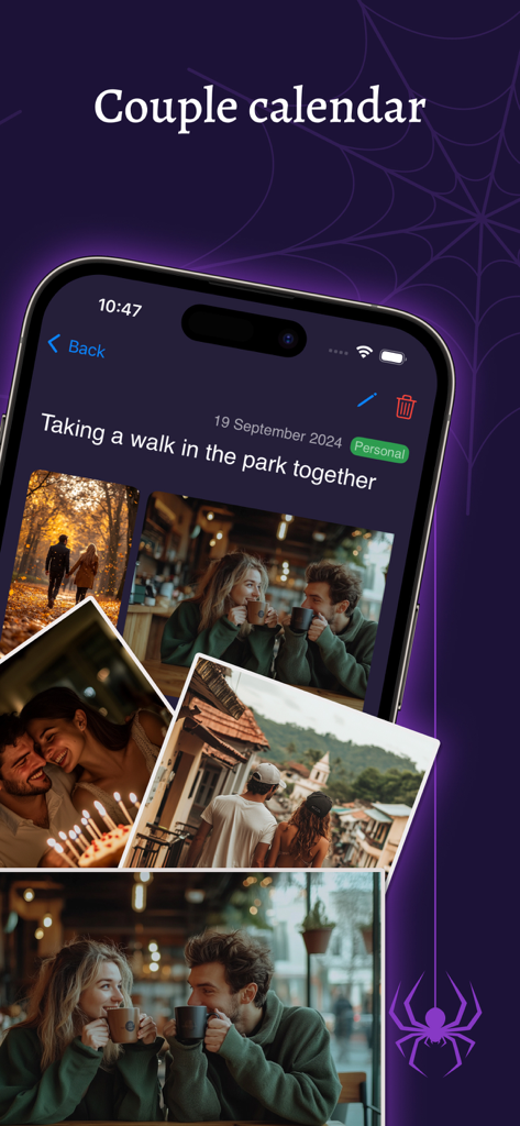 Relationship counter — My love - DuoDays 앱의 커플 캘린더 화면, '공원에서 산책하기'라는 제목과 함께 로맨틱한 추억이 담긴 사진 일기 표시