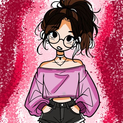girl with a messy ponytail glasses a baggy crop top and jean shorts