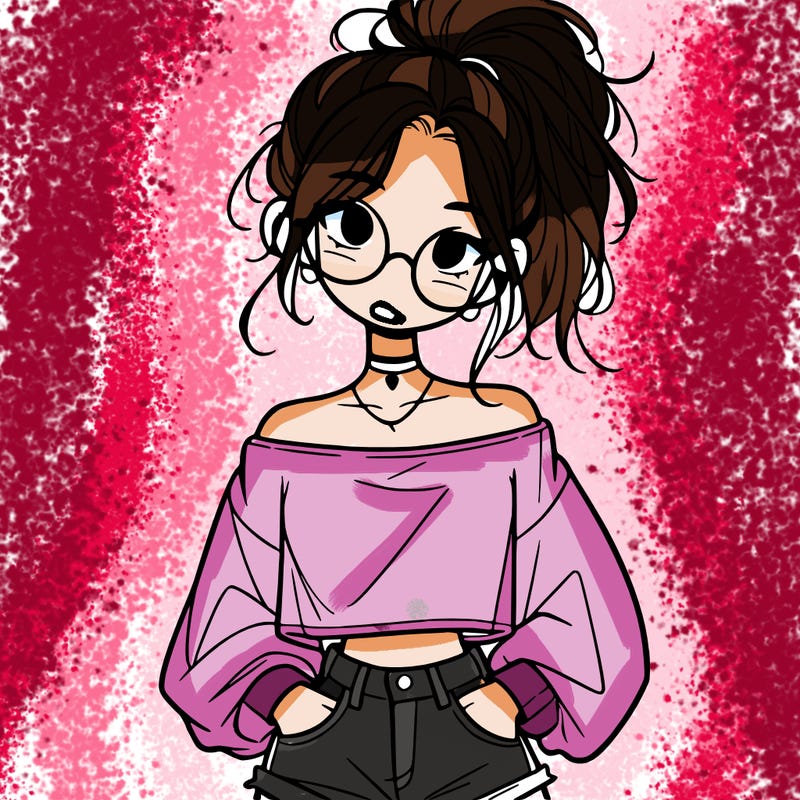 girl with a messy ponytail glasses a baggy crop top and jean shorts