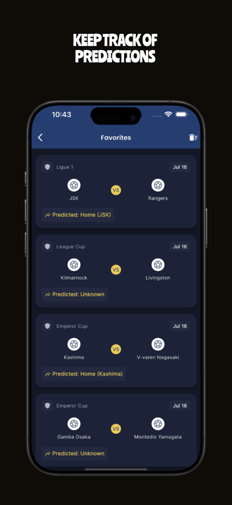 AI Football Betting Tips & Odd - BetKabal app screenshot showing a list of favorite soccer matches with AI betting predictions.