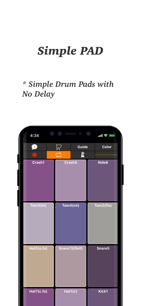 Drum PAD + - Real Finger Drums - A smartphone screen displaying the Drum PAD app interface with multi colored labeled drum pads