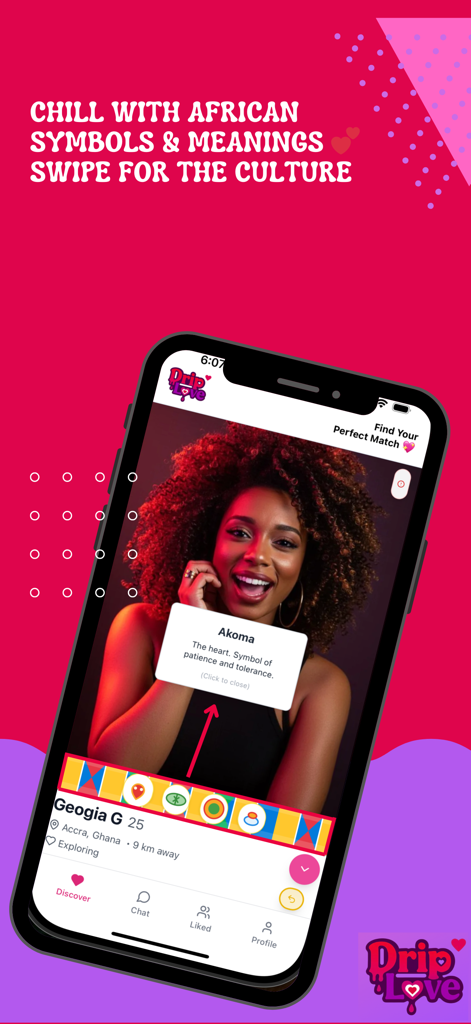 Driplove - Driplove app interface showing a user profile with African cultural symbols and their meanings