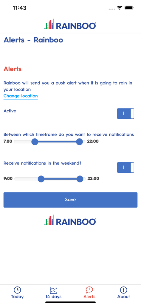 Rainboo - Screenshot of the Rainboo weather app alert settings screen where users can customize notification timeframes for rain alerts on weekdays and weekends.